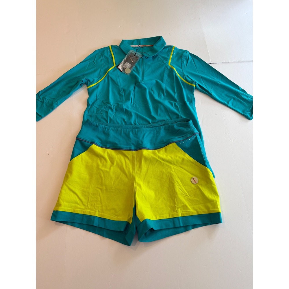 SwingDish Womens Golf Set Teal Neon Yellow 1/4 Zip Polo & Shorts XL NWT